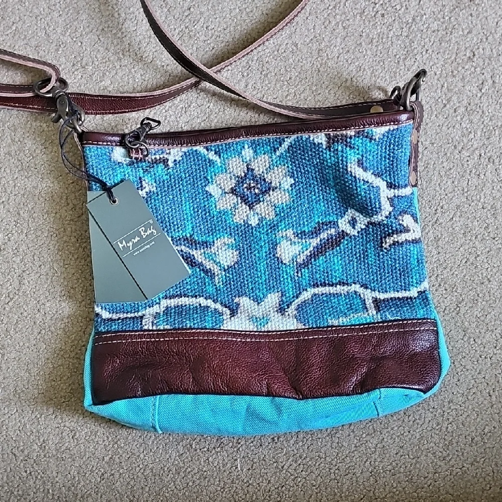 Myra Bag Blue and Brown Crossbody Bag - Picture 1 of 5